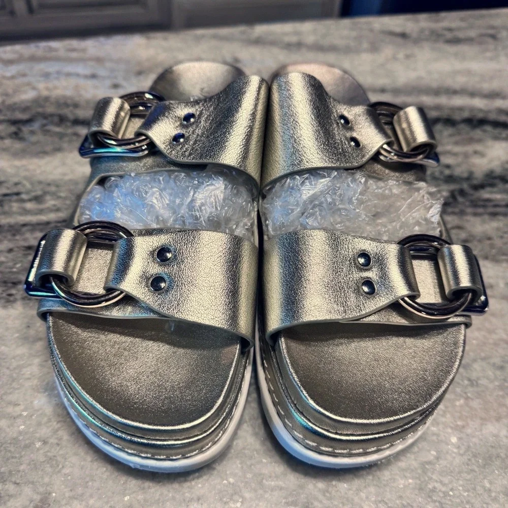 J/Slides Leather Platform Sandals Womens 8 Metallic Gold Buckle Slides